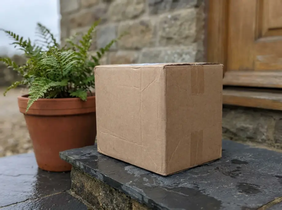 A plain unmarked box delivered to a doorstep