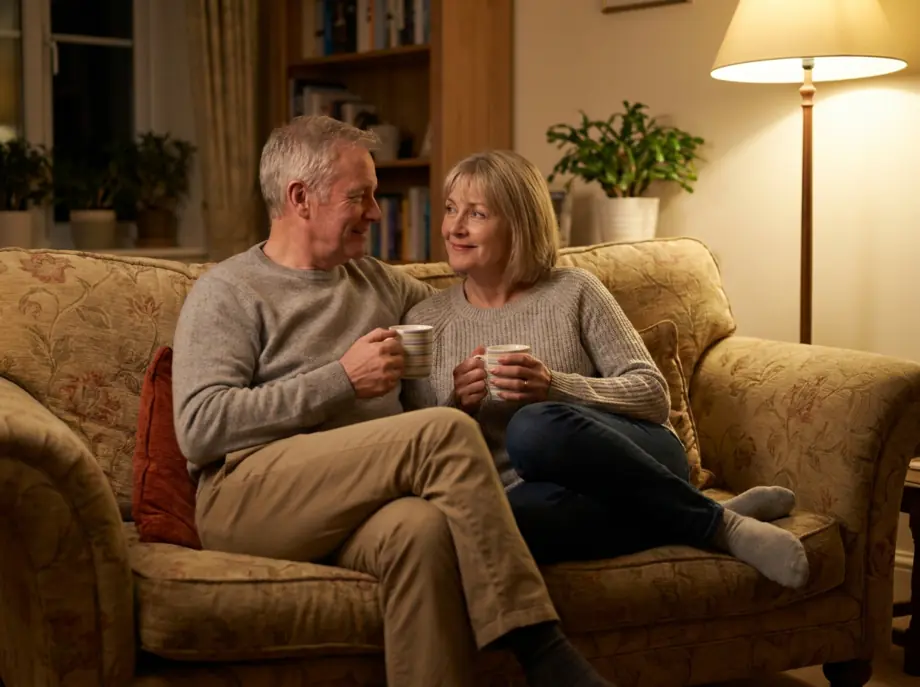 A couple sitting together on a sofa in the evening, relaxed and talking